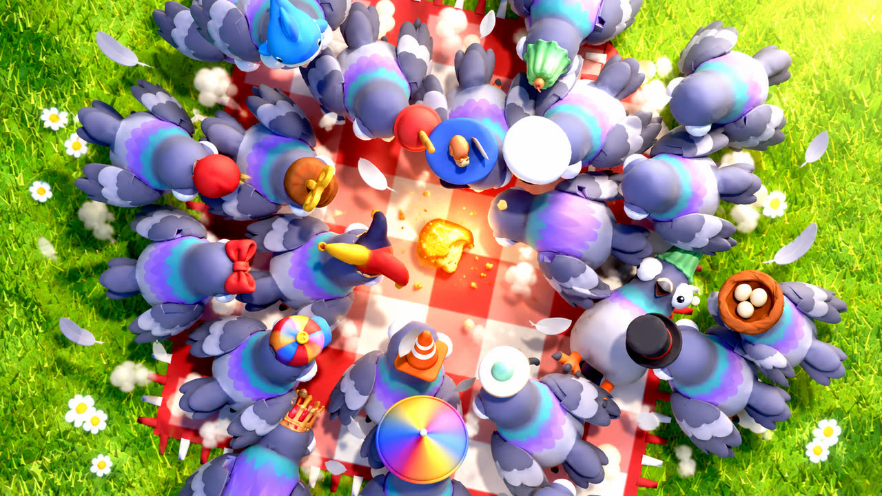 The flock from above, crowding the picnic blanket