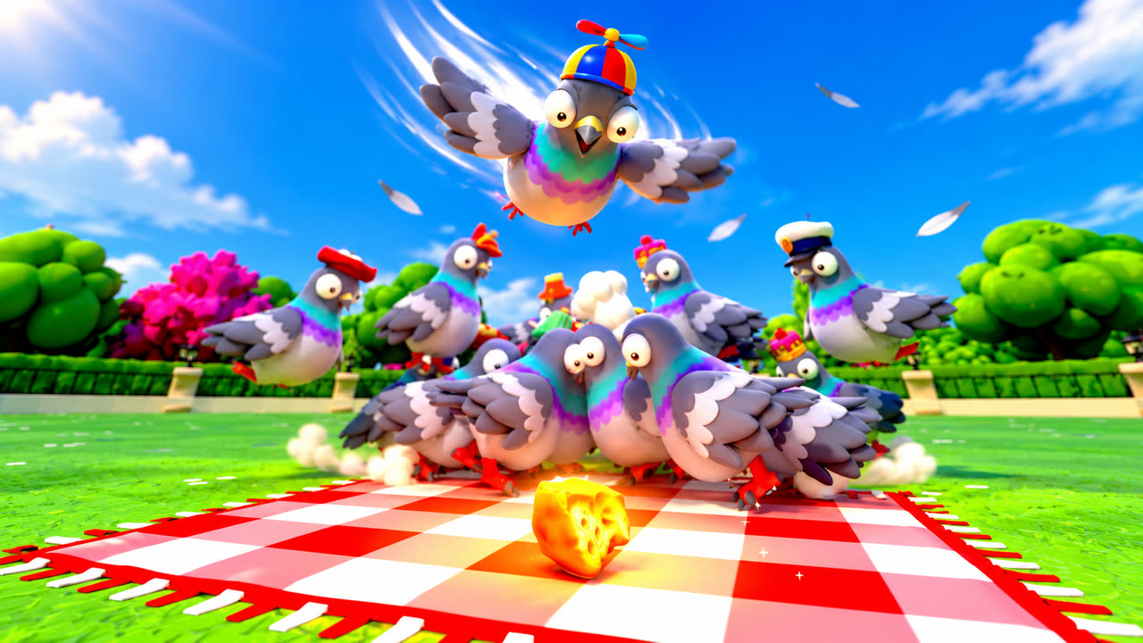 A pigeon in a propeller cap gliding over the pile