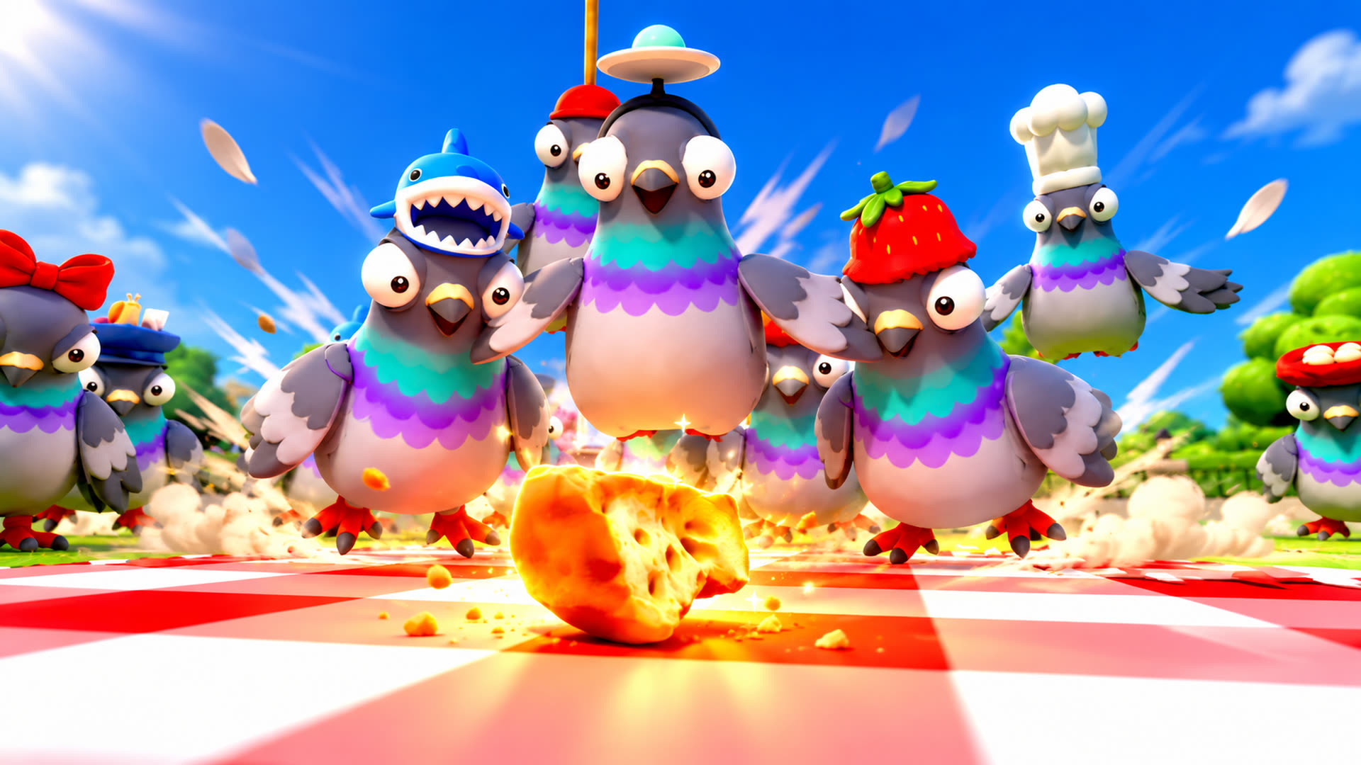 A flock of hatted pigeons charging across a picnic blanket towards a golden breadcrumb